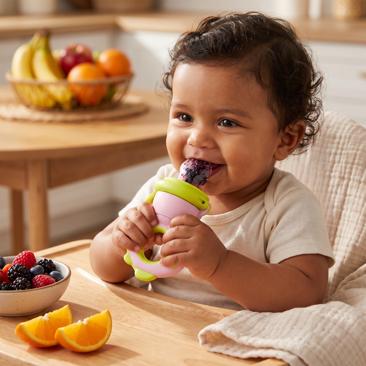 Succionador de frutas para bebé – mordedor de silicona con mecanismo de presión