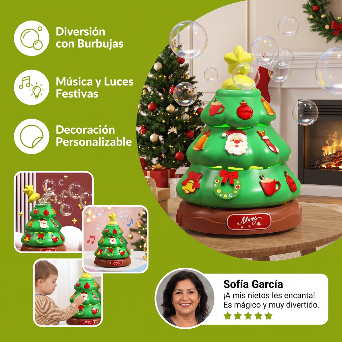 Árbol de Navidad musical con burbujas de jabón y pegatinas decorativas