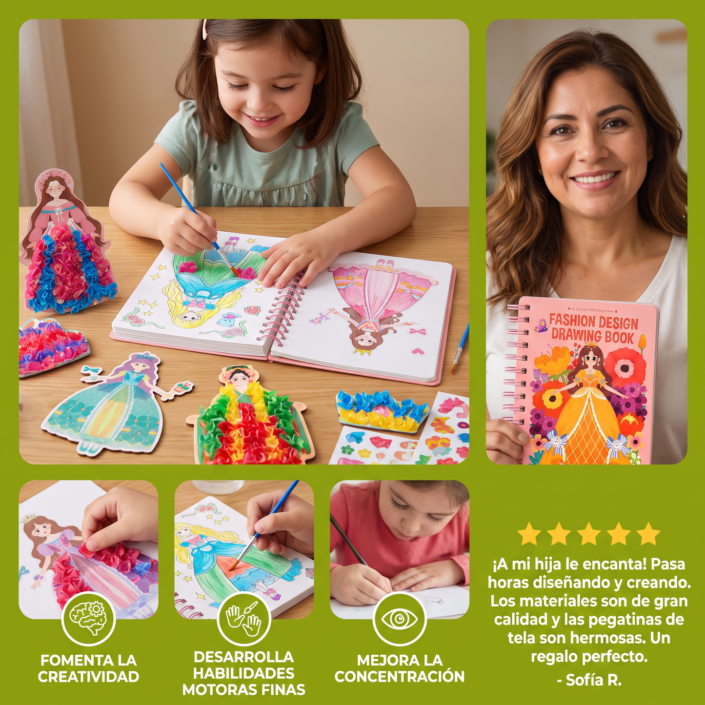 Cuaderno de pegatinas y diseño de vestidos de princesa