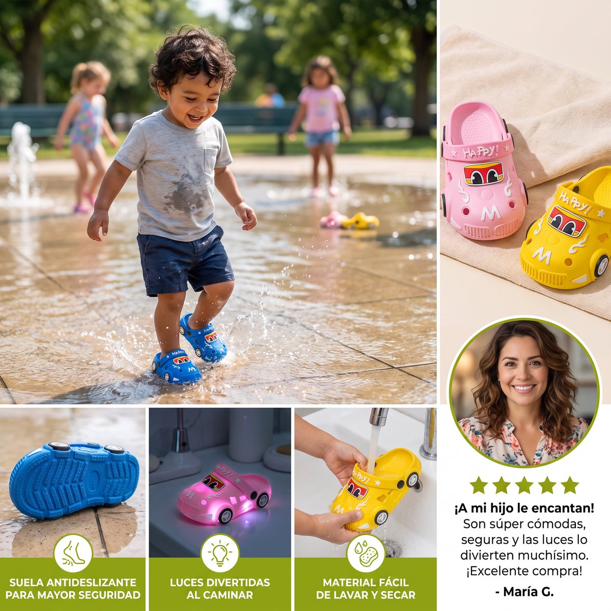 Sandalias infantiles luminosas con diseño de auto – chanclas de baño con suela antideslizante