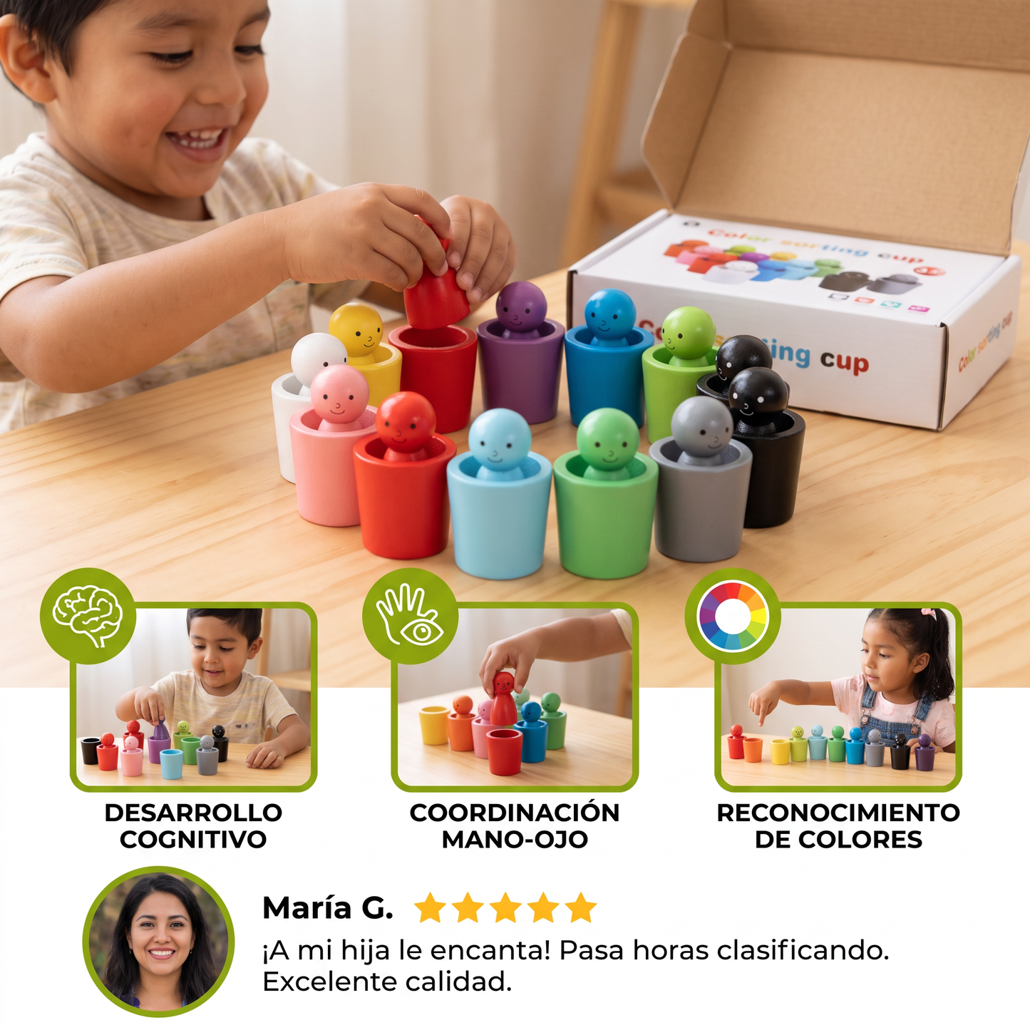 Juego de clasificación de colores Montessori con vasos de madera