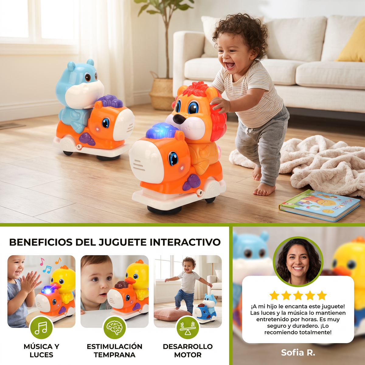 Juguete interactivo de balanceo con animales, música y luces
