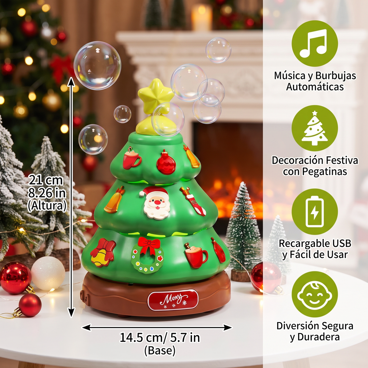 Árbol de Navidad musical con burbujas de jabón y pegatinas decorativas