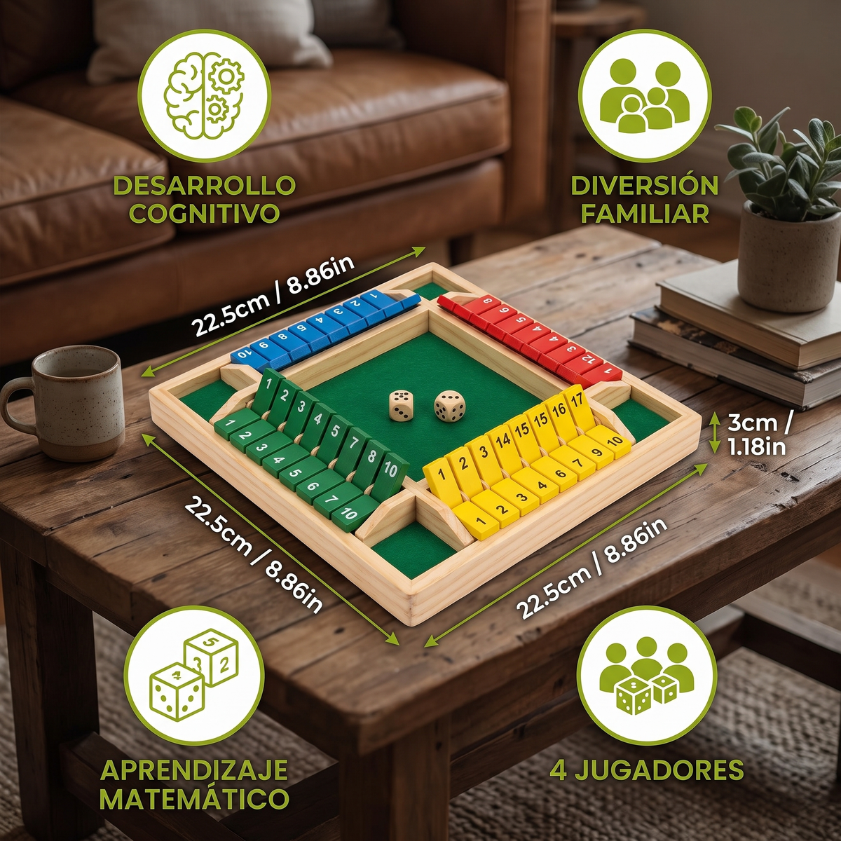 Juego familiar Shut The Box de madera para 4 jugadores