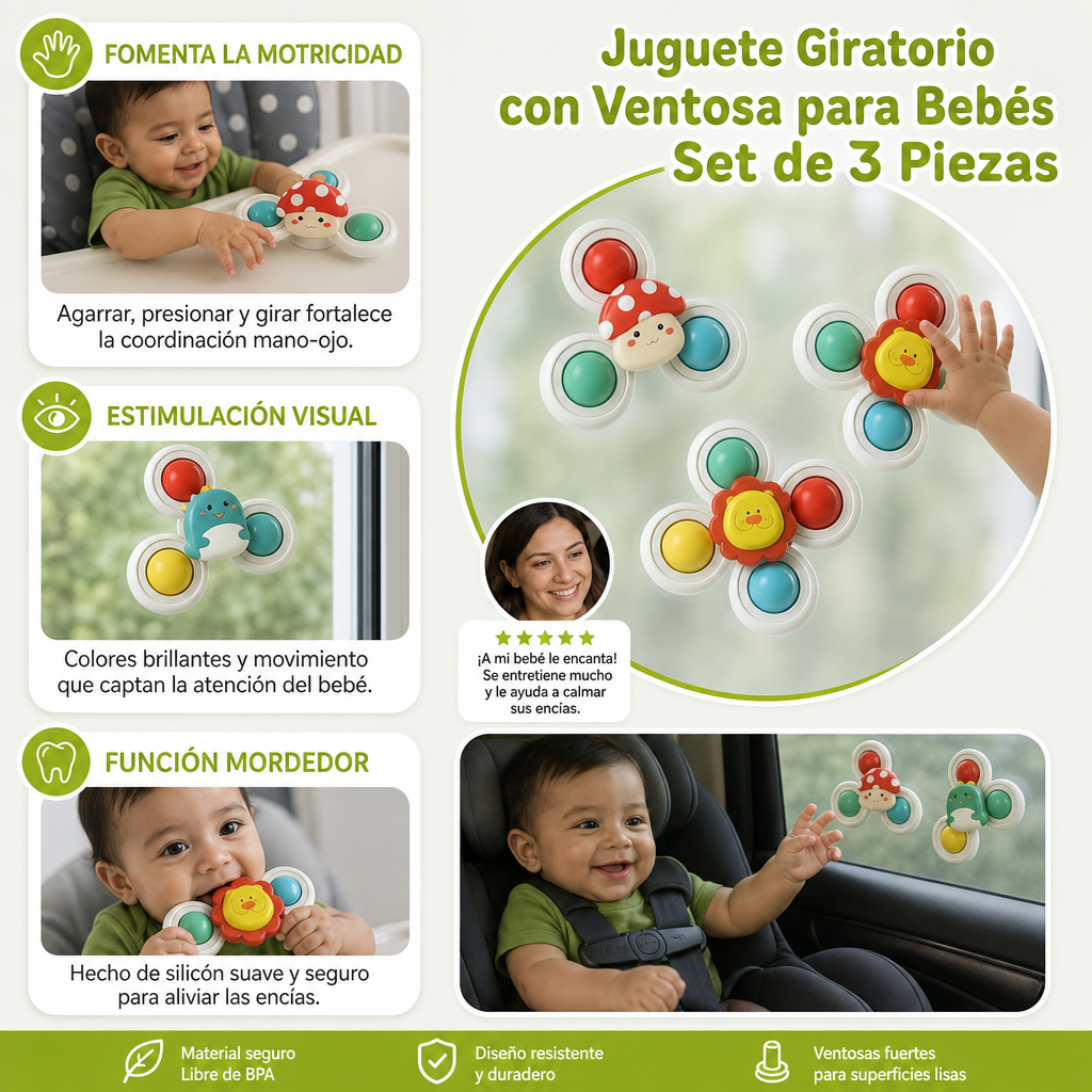 Set de 3 adorables juguetes giratorios con ventosa para bebés